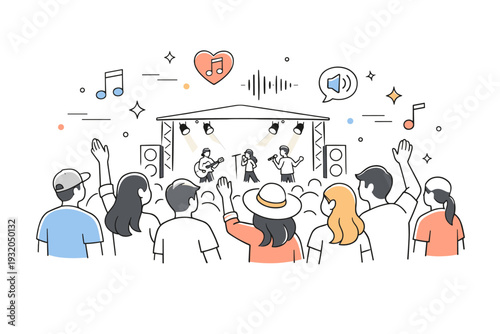 Open-air concerts crowds. A relaxed summer crowd standing together at an outdoor concert, gently swaying to music under open sky. Soft stage lights, raised