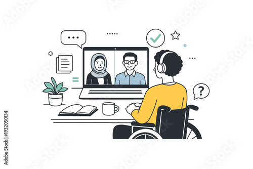 Remote inclusive interviews. Person attending a job interview online from a comfortable home space. Equal opportunity, flexibility, clear communication,