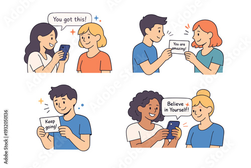 Positive messages. People reading and sharing short encouraging notes on phones and paper cards. Friendly interaction with a modern, supportive tone.