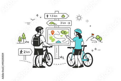 Bike tours and nature trails. Two cyclists stop to look at a trail sign and map in a natural landscape. Calm navigation moment with icons of trees, paths, and