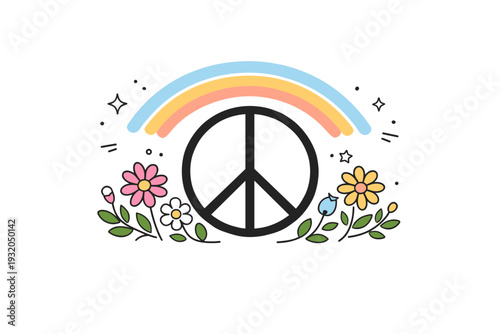 Peace sign with flowers and rainbow. A calm editorial scene featuring a simple peace symbol surrounded by blooming flowers and a soft rainbow arc. The mood