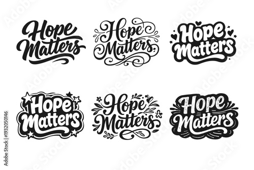 Hope Matters. Set lettering. harmonious lettering variations of the same emblematic concept, each with different artistic interpretation (Bold hand-lettering