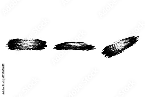 Black and white halftone brush swatch A single textured brush swatch with organic stroke edges shown in front view, side view, and three-quarter view as three