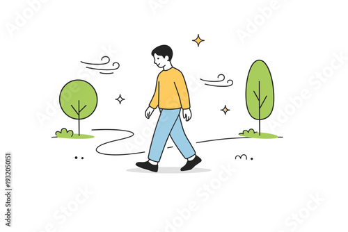 Mindfulness and slow moments. Person walking slowly in nature, attentive and calm. Simple trees, path lines, and light breeze symbols suggesting gentle