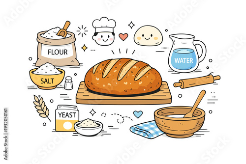 Artisan bread baking routine. A friendly editorial scene showing simple ingredients like flour, water, yeast, and salt arranged around a finished loaf. Calm