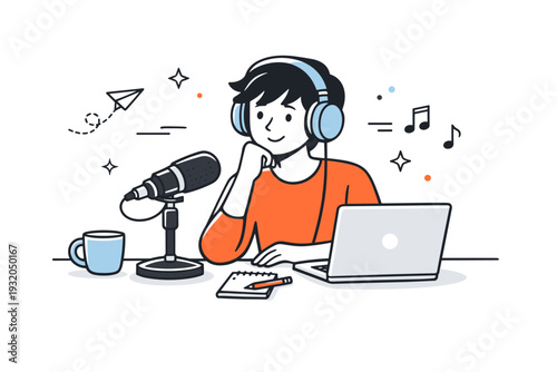 Podcast and streaming setups. A calm editorial scene of a person sitting at a desk with a microphone, headphones, and laptop neatly arranged. The mood shows