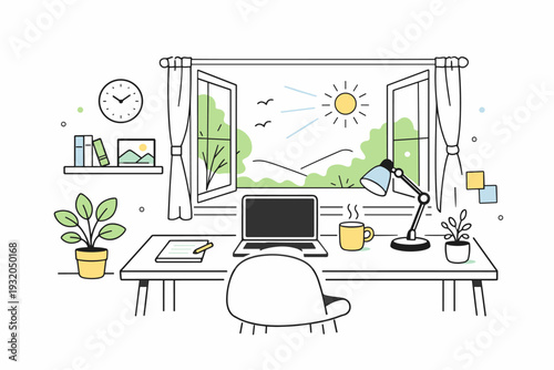 Spring work life balance concept peaceful focus. A home office setup near an open window with sunlight and nature outside, suggesting focus without stress. The