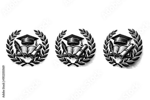 School club emblem laurel wreath badge with central icon shown in frontal view, rotated three-quarter view, and slightly tilted side view as a single object