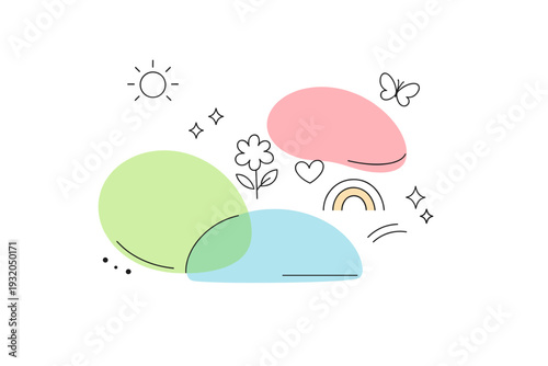 Spring pastel abstraction. Rounded forms and gradients of gentle spring colors arranged in a balanced composition. Light editorial feel with softness and