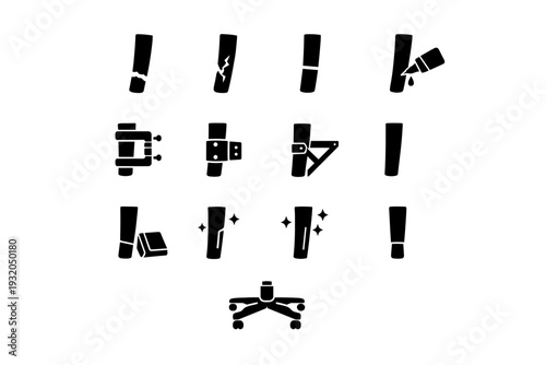 Furniture Repair. Solid icon set of Furniture Repair: broken chair leg, cracked chair leg, repaired chair leg, glued chair leg, clamped chair leg, reinforced