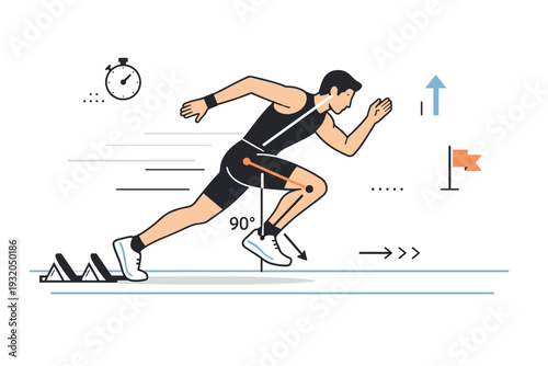 Sprint training scene. Athlete sprinting on a track with simplified motion lines and posture indicators, calm and focused atmosphere. Clean editorial visual