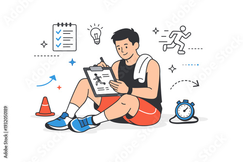 Acceleration mechanics practice ? recovery and technique review. A calm concluding scene with an athlete resting briefly and reviewing technique cues or notes,