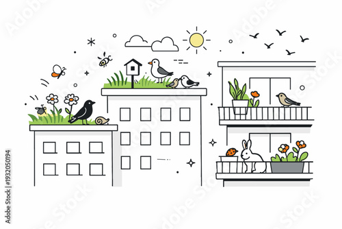 Rewilding urban spaces for biodiversity. Birds, insects, and small plants appearing on rooftops and balconies of city buildings. Quiet coexistence of wildlife