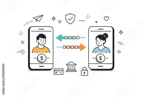 Cashless society ? peer-to-peer transfers. Two phones exchanging value with arrows and dots, representing instant digital money transfer. Clear, connected