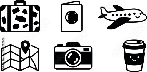 Flat design travel icon set showing suitcase passport airplane map camera and smiling coffee cup in black silhouette minimalist vector