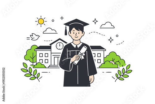 Campus in spring. A graduate standing in front of a simple campus building surrounded by fresh greenery. Peaceful farewell mood and sense of transition.