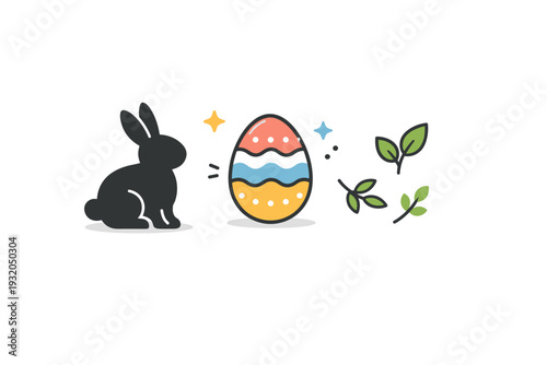 Easter symbols set. A bunny silhouette, painted egg, and small leaf icons arranged neatly. The mood is calm and playful, suitable for modern seasonal