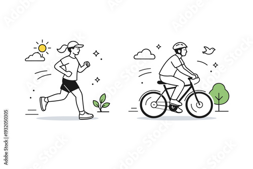 Everyday fitness activity. A runner jogs at an easy pace or a person cycles calmly, focusing on movement and wellbeing. Fresh, active atmosphere with gentle