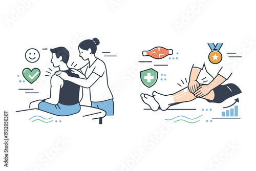 Post-workout massage recovery. Therapist applying focused pressure to shoulders or calves, represented abstractly with motion lines and icons. Relief, muscle