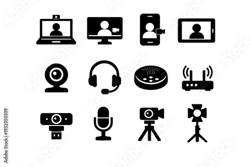 Video Call Devices. Solid icon set of Video Call Devices: laptop with camera, desktop monitor call, smartphone call screen, tablet call screen, webcam device,