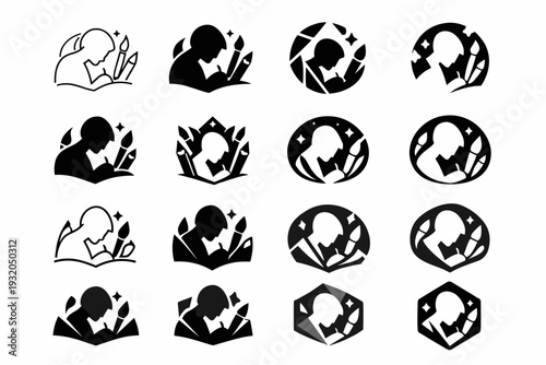 Getting lost in a hobby or creative project. Icon set. Set Logo of Getting lost in a hobby or creative project: focused creator silhouette. harmonious logo