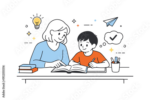 Parents helping children study. A parent sitting next to a child at a desk, gently explaining homework, calm support and positive learning