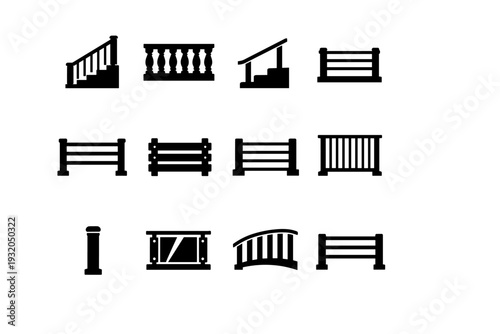 Railing. Solid icon set of Railing: stair railing, balcony railing, handrail, safety barrier, metal rail, wood rail, modern railing, vertical bars, horizontal