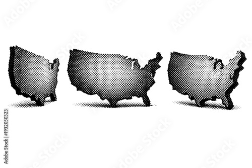 Country map United States, a single USA map silhouette object displayed in front view, slight side angle view, and three-quarter view within one composition.