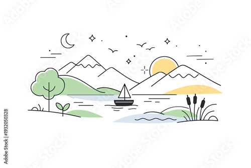 Calm nature backdrops. Modern stock illustration with abstract landscape elements gently layered to create depth without realism. Soft editorial mood designed