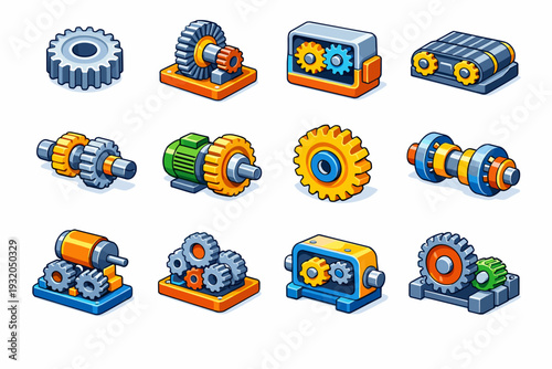 Industrial Gears. Colorful isometric vector icons set of industrial gears: steel cogwheel, heavy duty gear, factory gearbox, conveyor gear system, machine