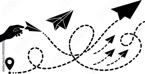 Flat vector hand launching paper plane with looping dotted flight paths multiple paper planes in motion black silhouette minimalistic graphic