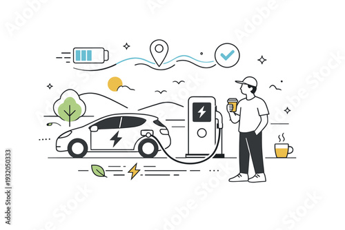 EV road trip pause. Driver stops at a fast charging station along a scenic route, soft abstract icons and motion lines showing energy transfer and smooth