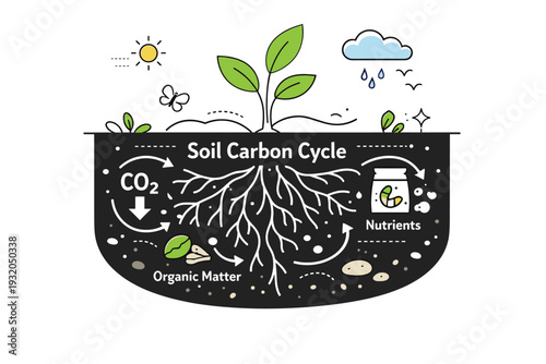 Soil carbon cycle. Underground view showing plant roots transferring nutrients into rich soil. Quiet regenerative process and sustainable farming concept.