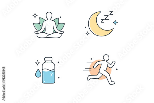 Wellness icon set. Abstract symbols for mindfulness, sleep, hydration and movement displayed as a cohesive icon collection, expressing calm routine and healthy