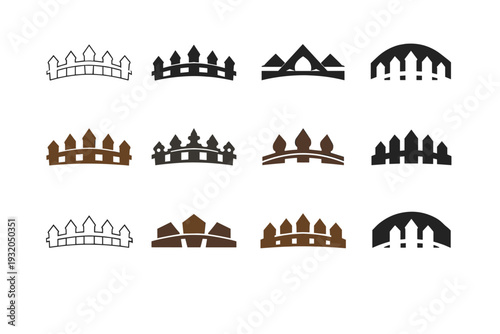 Wooden Fence. Icon set. Set Logo of Wooden Fence: Decorative fence top. harmonious logo variations of the same emblematic concept (Minimal outline, Filled