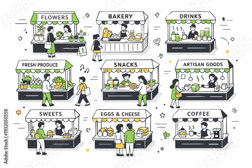 Outdoor holiday market in spring. Rows of minimal stalls with signs, flowers, and food items, arranged in a clean top or angled view. Calm festive energy with