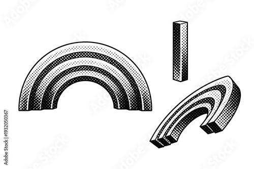 Comic dot halftone arc concentric ring segment A concentric ring arc segment is represented as a single object displayed from three different views: front