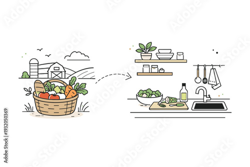 From farm to kitchen scene. A farmer?s basket with fresh produce transitioning into a simple home kitchen setup, calm and wholesome mood. The illustration