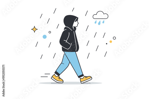 Light drizzle walks. Side view of a person strolling with hands in pockets as fine rain falls. Unhurried pace, soft atmosphere, calm acceptance of weather.