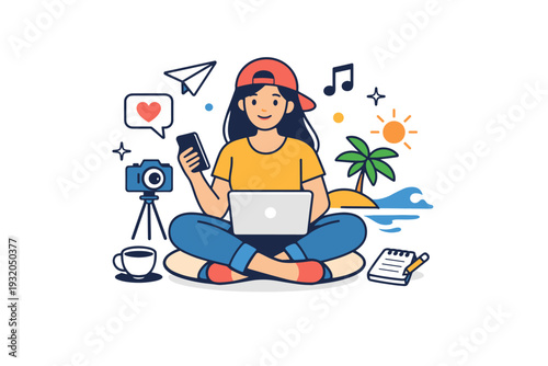 Influencer lifestyle captured in a balanced everyday moment combining leisure and work, expressing flexibility, freedom, and the blended rhythm of online