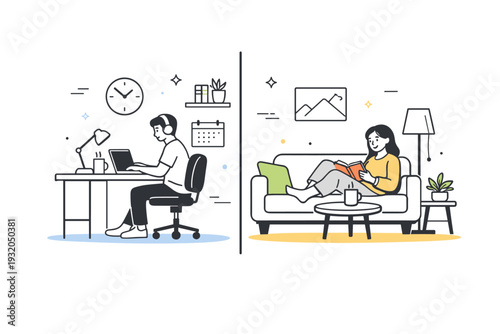 Remote work balance. A person working at home with clear boundaries between workspace and cozy living area. Comfort, flexibility, and sustainable work habits.