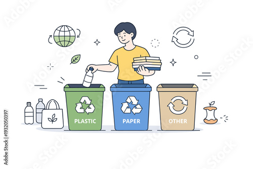 Sustainability and circular economy. Person sorting waste into clearly labeled recycling bins, calm and intentional routine. Bottles, paper, and symbols