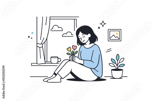 No-party March aesthetics at home. A woman sits alone near a window with a simple bouquet or book, enjoying a quiet personal moment. Subtle appreciation