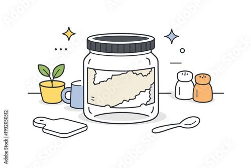 Everyday decay neutrality. A peeling label on a jar or container in a quiet kitchen scene, not dirty?just aged. Ordinary wear accepted as is. Minimalist flat