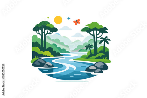 Rainforest river tranquil landscape expressed through smooth water curves, tall trees, and light mist accents, highlighting serenity, depth, and natural