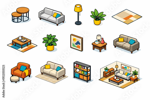 Modern Living Room. Colorful isometric vector icons set of Modern Living Room: nesting tables center, modern sofa, floor lamp, minimalist rug, coffee table
