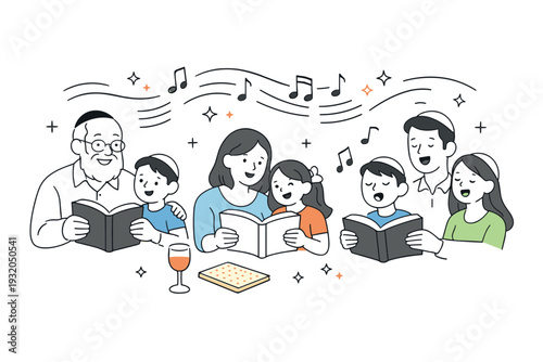 Passover family storytelling moments ? shared reading and singing. A gentle scene with family members reading together or singing, musical notes and text lines