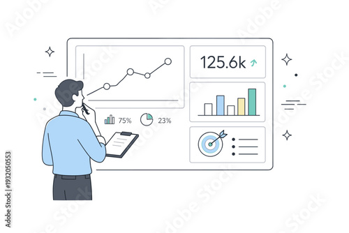 Business analytics. Person analyzing charts and metrics on a large screen or dashboard. Data-driven mindset, clarity, calm focus, minimal graph elements.