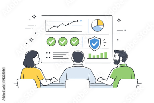 Trust in systems. Small team calmly observing a dashboard with stable indicators and verified symbols. Collective confidence in data driven infrastructure and