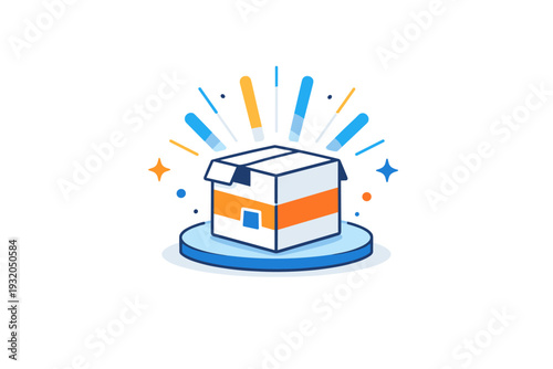 Product presentation showing a box or device highlighted by soft rays and minimal decorative accents, symbolizing launch, attention, and value. The